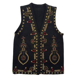 VTG Beaded Sweater Vest Christmas Holiday Teachercore Grandma Womens Black S*